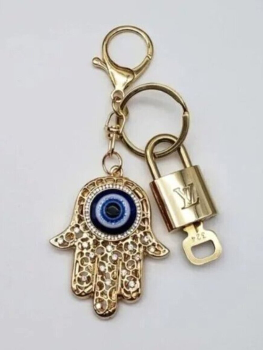 LV Authentic Gold Padlock 🔒 Key Set w/ Unbranded Evil Eye Keychain Charm